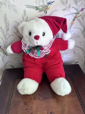 Vintage Christmas White Teddy Bear Plush Red Pajamas Santa Hat Toy House Bow